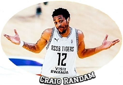 Craig Random, Rwanda basketball player in white #12 RSSB 'VISIT/RWANDA' jersey during a game in the B.A.L. league, with both palms up.