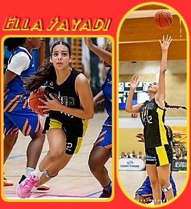 Ella Sayadi, Belgium's U14 girls basketball player for Gent Oost Eagles, #12, shown drving with the ball and going up for a rebound.
