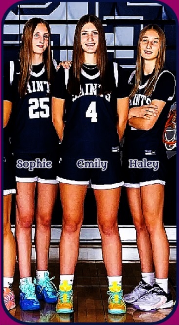 The Schoenrock Sisters, Sophie (#25), on the left, Emily (#4), in the middle & Haley, on the right, standing in their black SAINTS uniforms for the St. Francis High team in Minnesota..
