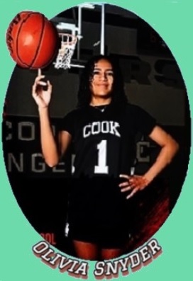 Image of 8th grade middle schooler girls basketball player in the Cook Middle School Rangers in Houston, Texas, spinning the ball with her right index finger in her #1 COOK uniform.