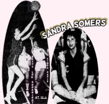 Two images of girl basketballer Sandra Somers of the Cleveland High School Eagklettes of North Carolina.  The action shot shows her shooting a right-handed jump shot for two of her 52 points against at Mt. Ulla, Feb. 6, 1959, a 67 to 62 Cleveland win. We see her guarded  by #24, Betty Lou Goodnight and #2, Linda Davie. From the Salisbury Evening Post, Salisbury-Spencer=East Spencer, North Carolina. Also show, cropped from team photo we see her sitting cross-legged. From the Salisbury Sunday, same location, February 8, 1959.