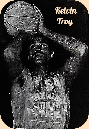 Kelvin Troy, shooting for the basket in his Premium Milk Toppers jersey #54 on the Irish Division On in 1988. From the Sunday World, Dublin, Ireland, October 11, 1992.