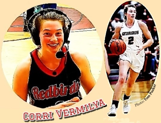 Two images of Corri Vermilya, Loudenville High School, Ohio, shown with headphones on being interviewed in her red on black Redbirds jersey, Redbirds in white outlined red script; and shown in white uniform #2 making a play during a game. Photo by Tom Puskar, /The Collegian,, 2/10/2024. (Ashland University paper)