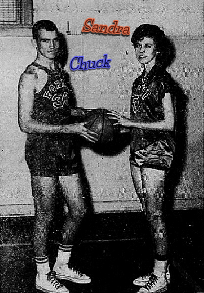 Image of siblings, Sandra Wade , and her brother Chuck Wade, high school basketball players for the Forest High Bearkittens and Bearcats of Mississippi, both holding a basketball. From the Scott County Times, Forest, Mississippi, March 4, 1964. Photo by Jacobs.