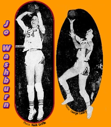 Jo Washburn, Jone County High School, Georgia girls basketballplayer in two images showing her shooting. On the left in uniform #54, she's up in the air shooting a two-handed jump shot, photo by Hank Griffin, from The Macon News, March 11, 1960. On the right, her right knee bent, another shot, a one-handed right handed lay-up, from The Macon News, February 17, 1960.