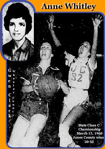 Georgian girls basketball player Anne Whitley, Jones County High School #32 screaming in defense, arms up, in JC jersey, guarding Gwen Clark, also mouth agape, about to score two points for Wheeler County. In State Class C championship game, March 12, 1960, JC won 50-43.  Also her portrait. POrtrait from The Macon Telegraph, Macon, Geotgia, February 5, 1960. Championship game photo from same newspaper, March 13, 1960.