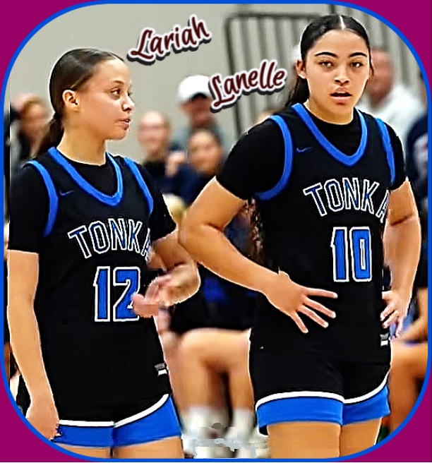 Image of sisters Lariah (on the left), #12 and Lanelle (on the right), #10, Minnetonka High School (Minnesota) girls basketball team in their blue uniforms.