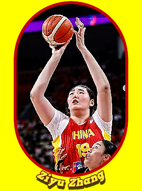 Ziyu Zhang, seven foot-four Chinese 18 year old women's basketball player, #19 shown towering over opposition.
