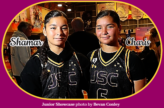 Photo of Shamar (l.) and Charis Broughton (r.), twin sisters, basketball players on the Mount Maunganui College team in New Zealand. Shown in Junior Showcase uniforms for an all-star game in 2024, from the 25 April, 2024 Whanguni Chronicle, photo by Bevan Conley.