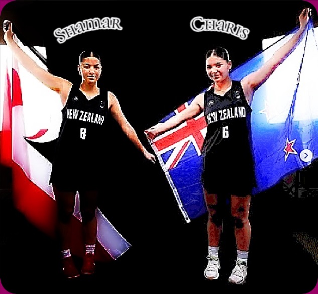 Photo of Shamar (#8 on the left) and Charis Broughton (#6 on the right), twin sisters, basketball players pictured when on the New Zealand U17 National team. Charis holding the New Zealand flag and Shamar the national Maori flag of N.Z.