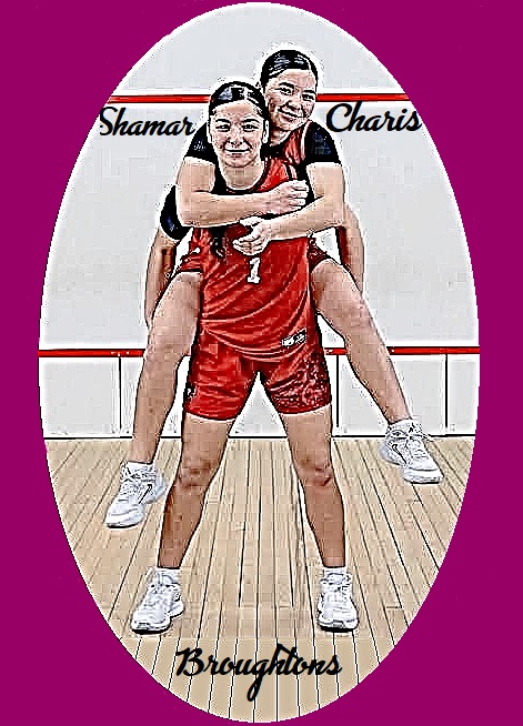 Photo of Charis and Shamar Broughton, twin sisters, basketball players on the Mount Maunganui College team in New Zealand. Shown in red uniforms, Charis riding piggyback on Shamar (#1).