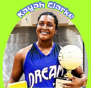 Kayah Clarke, woman basketball player on the Cayman Islands, shown in her Dream team blue uniform holding the MVP trophy she won in the national league championship game, May 5, 2024.