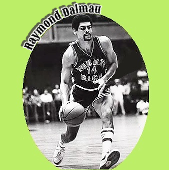Image of Raymond Dalau, basketball player on the Puerto Rico national team, number 14, heading upcourt with the ball.