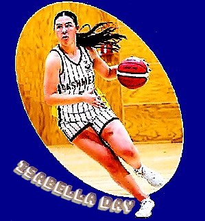 Isabella Day, Cashmere High School in New Zealand, basketball player driving to the basket in her vertical pinstriped uniform.
