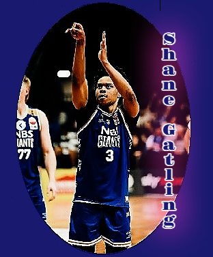 Shane Gatling, Nelson Giants basketball p;layer, number 3 in blue, shooting a free throw.