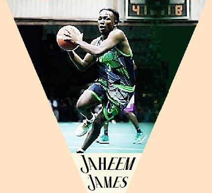 Jaheen James driving towards the basket in his green Northside Stingers uniform, with gold trim.