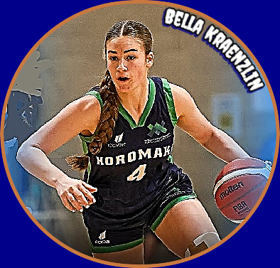 Image of New Zealand girl basketball player Bella Kraenzlin in her black HOROMAKA #4 uniform, charging upcourt.