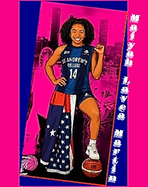 Image of New Zealnd girl basketballer Maiyah Lavea-Martin, sitting in her blue St. Andrew's College uniform, number 14, left leg on ball, left arm up with fist and thumb towards her, flags draped on her right side.