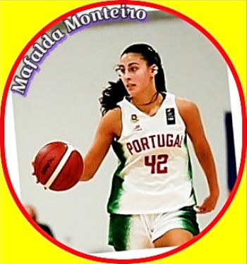 Image of Portugal U18 gir basketball player on the National team in uniform #42, Mafalda Montiero, bringing the ball up-court.