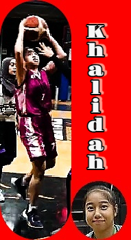 Action shot of 18-year old Khalidah Naim, girl basketball player in the No Commercial Basketball League. Shooting a layup in red uniform. And a portrait shot