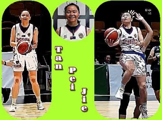 Three images of Tan Pei Jie, woman basketball player in Malaysia, playing for the Johor team. Shown displaying basketball in game and shooting a lay-up, plus a portrait image.