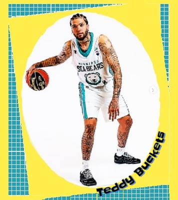 Basketballer Teddy (Teddy Buckets' Allen, Wiunnipeg Sea Bears, posing in uniform, with ball.