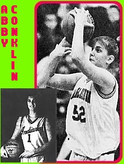 Images of Abby Conklin, Charleston High School (Indiana) basketball player, shooting a kump shot to the left, one of her 51 points in February 13, 1993 game against MAdison High, number 52, photo (cropped) by Stan Denny, from The Courier-Journal, Louisville, Kentucky, 2/14/1993. Also a portrait of her in her Miss Indiana #1 jersey, from The Call-Leader, Ellwood, Indiana, March 15, 1993.