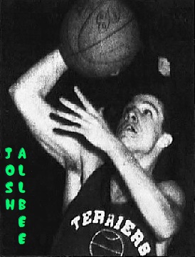 Image of state of Vermont oys basketball player, Josh Allbee, Bellows Falls Union High School, shown up in air with ball in right hand, in dark 'TERRIERS' uniform, about to score. From The Subday Rutland Herald and The Times Argus, Rutland, Vermont, February 12, 1995. Photo by A.J. Marro.