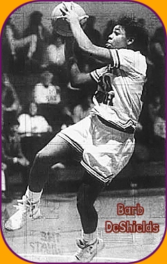 Girls basketball player, Barb DeShields, York High School, shooting a jump shot, her right leg bent and high. Shooting to left. From The York Dispatch, York, Pennsylvania, February 1, 1990. Photo by Glenn Dietz.
