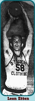 Image of basketball player, Leon Etten, in a #58 uniform of the D'Toggery Clothing team of the Eau Claire YMCA Senior League, holding the ball over his head. From The Eau Claire Leader, Eau Claire, Wisconsin, December 31, 1959.