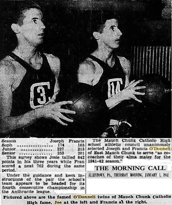 Photo of the O'Donnell twins, boy basketball players for Immaculate Conception high school basketball playing twins, (Mauch Chunk, Pennnsylvania), looking to our right. Joe O'Donnell, in uniform #3, Francis O'Donnell, also in uniform, #14. From The Morning Call, Allentown, Pwennsylvania. JAnuary 1, 1942.