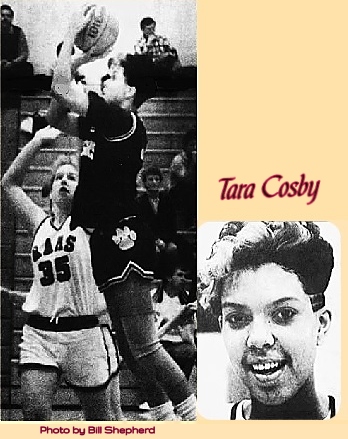 Two images of Ohio girl basketball player, Tara Cosby, Kenton Ridge High School. On the left she is up in the air shooting at the basket to our left (photo by Bill Shepherd for the Dayton Daily News, February 24, 1990. To the right a portrait from the same newspaper, February 28, 1990.
