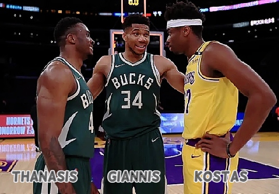 Picture of the three Antetokounmpos brothers, from the shorts up. On our left, in profile, is Thanasis Antetokounmpo in his green Milwaukee Bucks ubiform. He is looking over at brother Kostas Antetokounmpo, in his yellow Los Angeles Lakes uniform, also in profile. In the center, with arms around each, is Giannis Antetokounmpo, the 'Greek Freak,' in Bucks uni, number 34. From The Milwaukee Journal Sentinel, October 29, 2021.