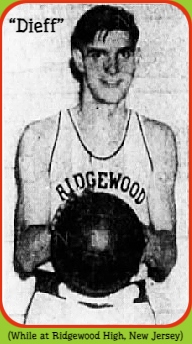 Russ (Pete) Dieffenbach, (Dieff), Dean Academy boys basketball player, shown in his Ridgewood High School (New Jersey) uniform from 1946-47. With basketball, from the Ridgewood Herald-News, Ridgewood, N.J., March 18, 1948.