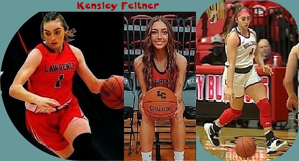 Three images of girls basketball player Kensley Feltner, Lawrence County High School, Kentucky. Two in red uniforms, one dribbling the ball to our lleft, one sitting, with basketball, facing forward, one in white uniform dribbling to our right. Uniform number one.