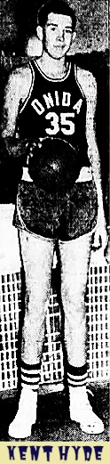 Image of South Dakota high school basketball player from Onida High in 1954. Shown holding basketball, palming it with right hand, posing, standiong, in Onida uniform #35. From the Minneapolis Sunday Tribune, Minneapolis, Minnesota, February 7, 1954.