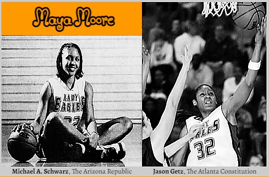 Images of Georgian high school player, Maya Hill, Collins Hill High Lady Eagles. One shown sitting in uniform #32, in lotus position, photo by Michael A, Schwarz, USA Today, from The Arizona Republic, December 17, 2006. The second image shows her in a 2/22/2006 game, going up near the basket for a lay-up, guarded by Marietta's Dani Bartlelmay. Photo by Jason Getz, The Atlanta Constitution, February 23, 2006.