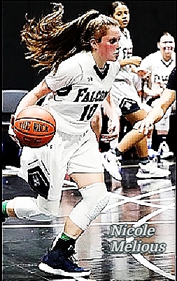 Image of Staten Islander, girls basketball player, for the Susan E. Wagner High School, driving with the basketball to our right, in her white #10 FALCONS uniform.