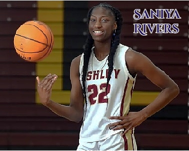 North Carolinian girls basketball player, Saniya Rivers, Ashley High School, shown posing in white uniform number 22, with long pig-tails, flipping the basketball up with her right hand. From the Star News.