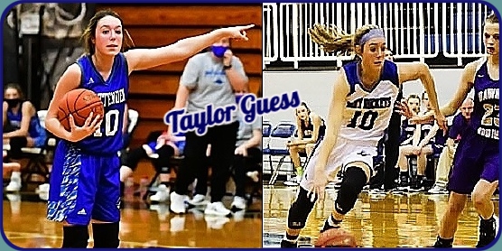 Images of Kentucky girl basketball player, Taylor Guess, #10 of the Crittenden County High School Lady Rockets; shown directing traffic, pointing, in blue uniform, and driing to our right in a white uniform.