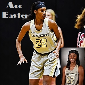 Number 22 in gray uniform, Ace Easter, basketball player on the Anderson University women's basketball team, shown in game action and in close-up image