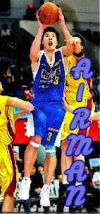 Image of Chen (Airman) Hsin-an, pro basketball player for the Yulon Dinos in the Taiwan Super BAsketball League in 2005, up in air in blue uniform, #3.
