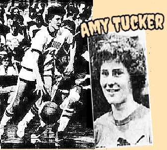 Images of Amy Tucker,basketball player for Springboro High School, Ohio. Shown in action in uniform #14, from The News-Messenger, Fremont, Ohio, April 1, 1978, and close-up portrait from the Dayton News, January 27, 1977.