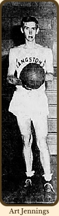 Photo of Art Jennings, basketball player for the Langston Clothiers team in the Rock Hill YMCA Men's League in South Carolina, posing, standing with basketball in uniform, from The Evening Herald, Rock Hill, S.C., March 23, 1951.