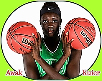 Female basketball player Awak Kuier, in her green HBA uniform, holding two basketballs with arms crossed, so ball are up by her shouldeer.