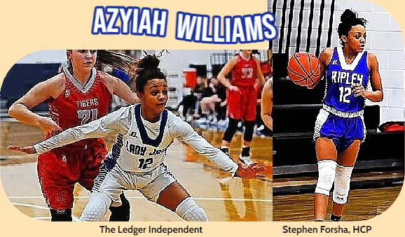 Two images of Azyiah Williams, girl basketball star for the Ripley-Union-Lewis-Huntington High School (Ohio). In white LADY JAYS, #12, on defense with arms spread out, and on offense in blue RIPLEY uniform. The defense posture picture from The Ledger Independent; the blue uniform photo by Stephen Forsha, the Highland County Press (HCP).