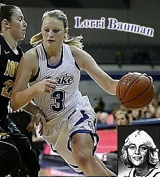 Image of Lorri Bauman (Baumann), Drake University women's basketball player who held the NCAA Division I single-gae scoring record from 1984 to 1987 (58 points) Shown in uniform #3, driving around adefender, and a head shot portrait.