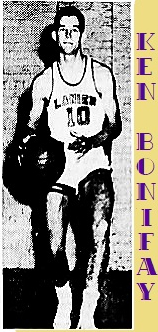 Image of boys basketball player, posing, dribbling a ball, in his LANIER high school (Georgi) unform #10. Image from The Macon Telegraph and News, Macon, Georgia, February 2, 1964.