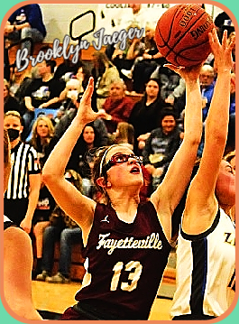 Image of Ms. Brooklyn Jaeger, Fayetteville High School (Texas) basketball player, number 13, shown going up for a rebound on 2/23/2022 in playoff semifinals. Photo by Jeff Wick, Fayette County Record.