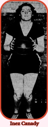 Image of girl basketball player Inez Canady, Parkton High School (North Carolina), posing holding ball with both hands near stomach. From The News and Observer, Raleigh, N.C., March 18, 1938.